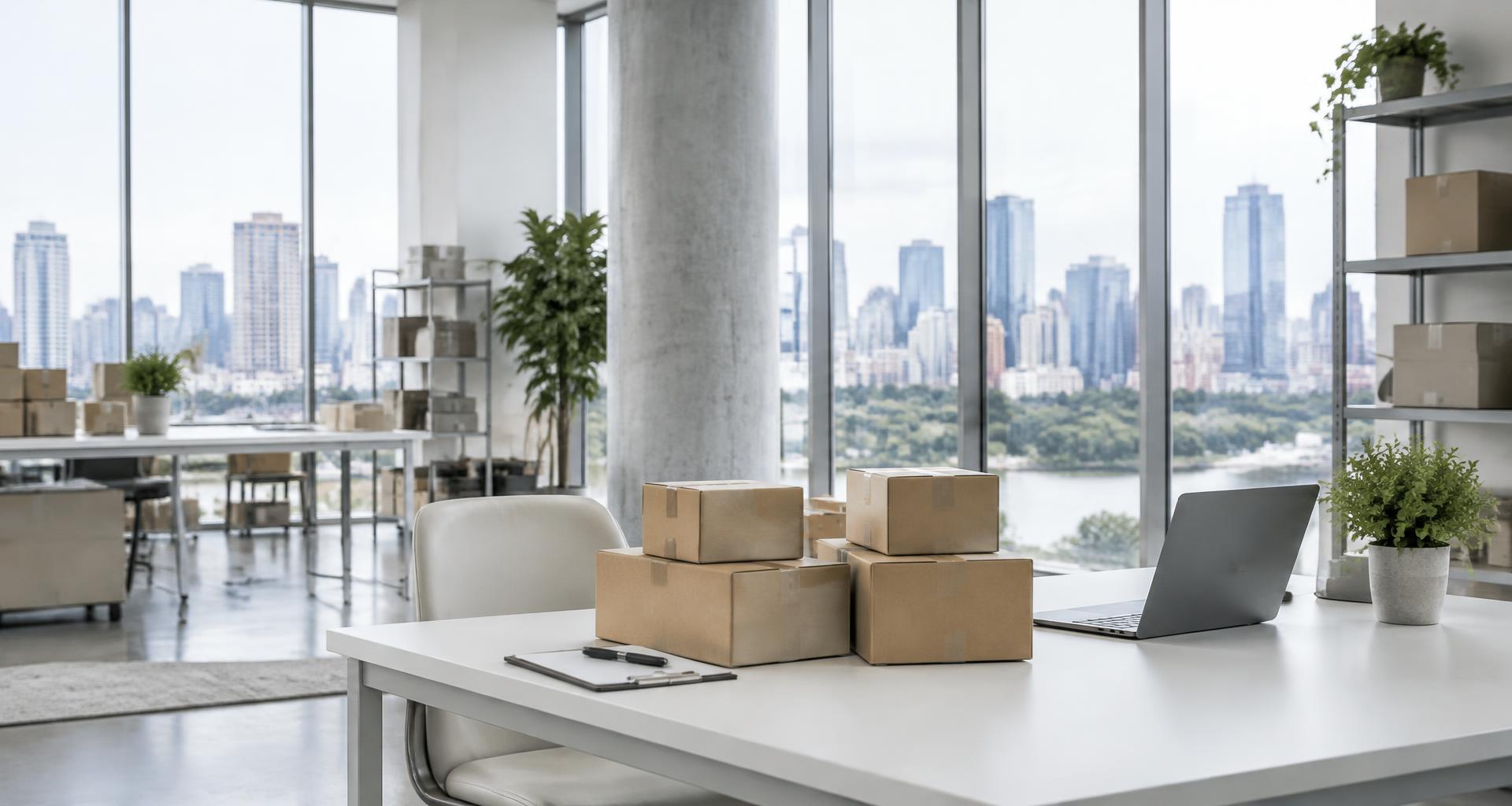 Espace de travail e-commerce illustratif, produits et colis